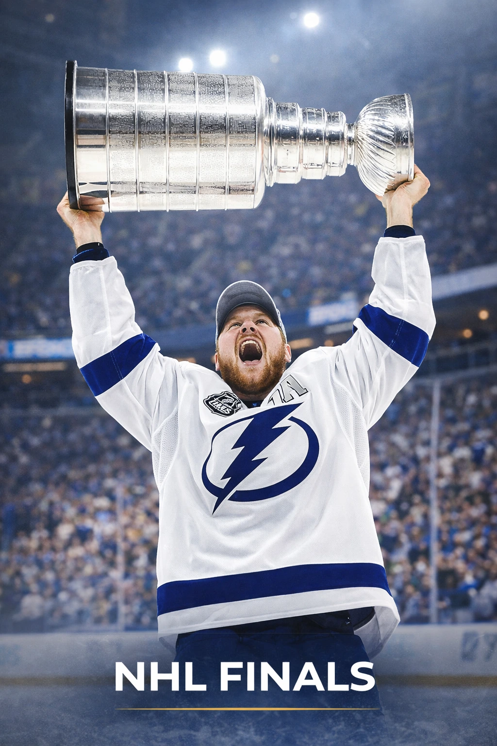 Hockey player lifting the Stanley Cup in a packed arena during the NHL Finals celebration.