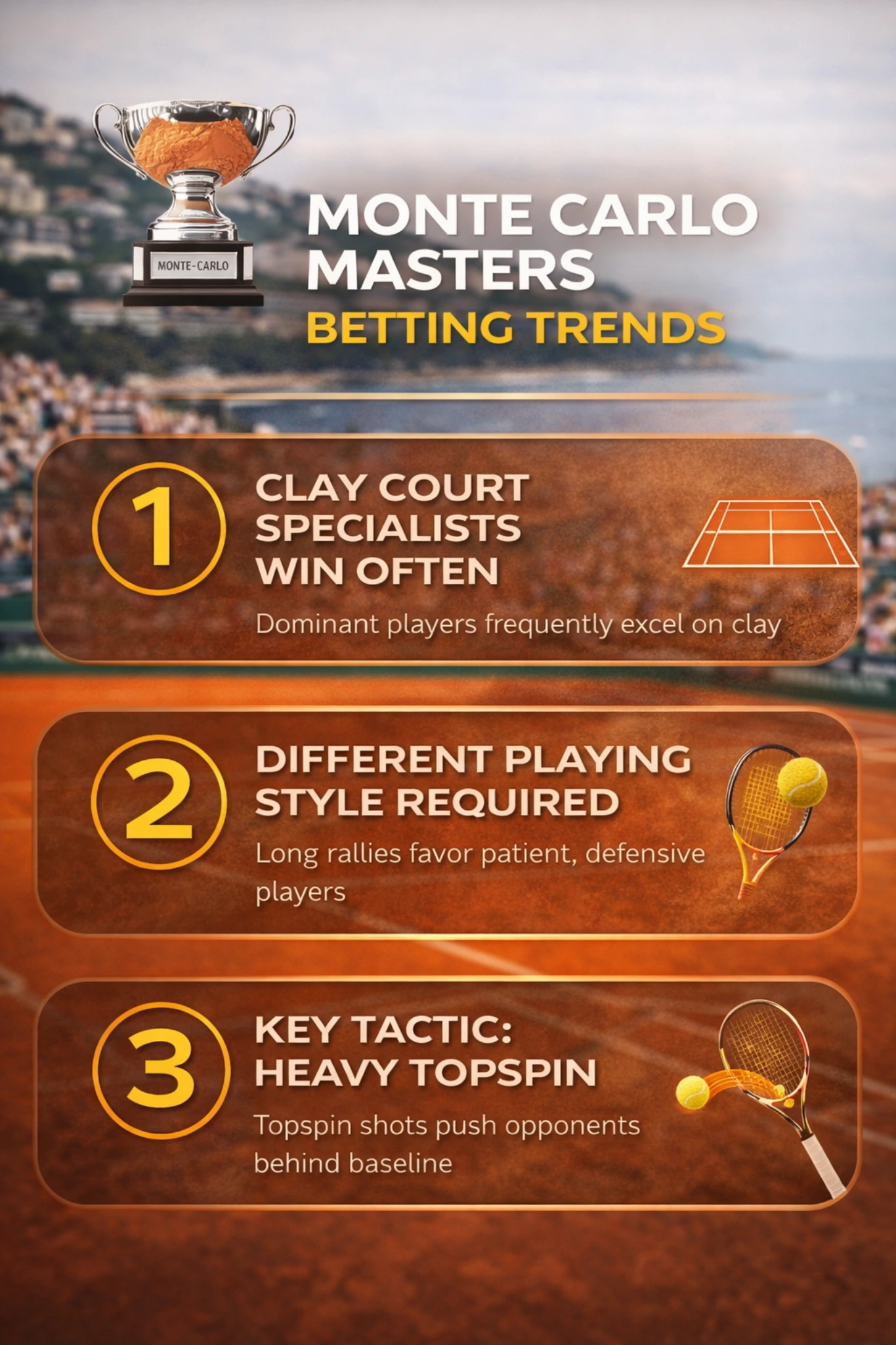 Infographic showing Monte Carlo Masters clay court trends including clay specialists, rally style and topspin tactics