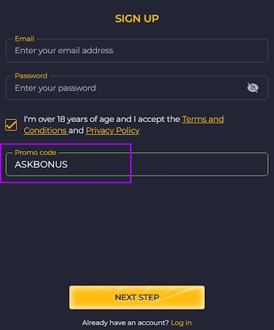 Rolling Slots Casino registration form and promo code during sign up