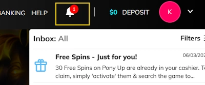 bell icon showing SlotsandCasino no deposit bonus notification