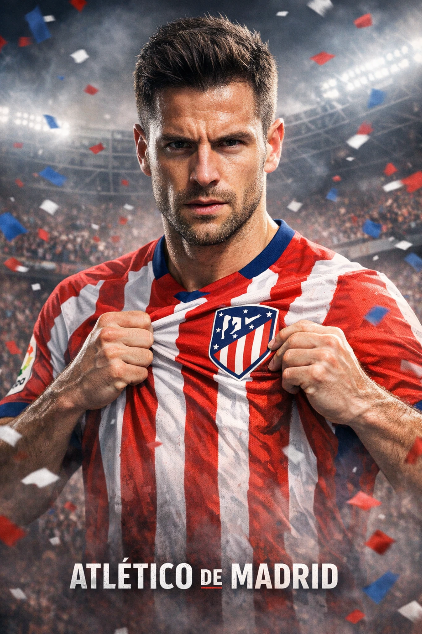 Atlético Madrid player holding club badge in stadium with confetti, dramatic match poster style