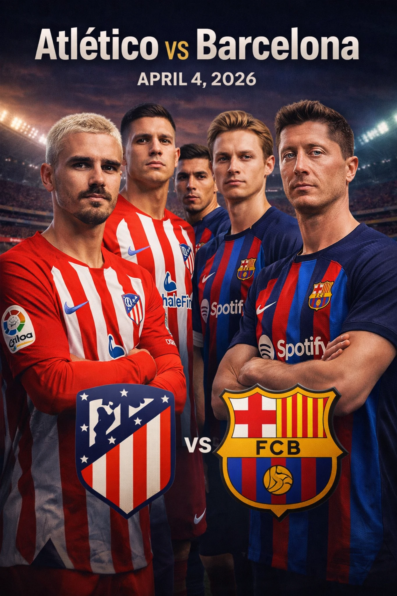 Atlético vs Barcelona 2026 infographic showing La Liga standings, head to head results and betting odds