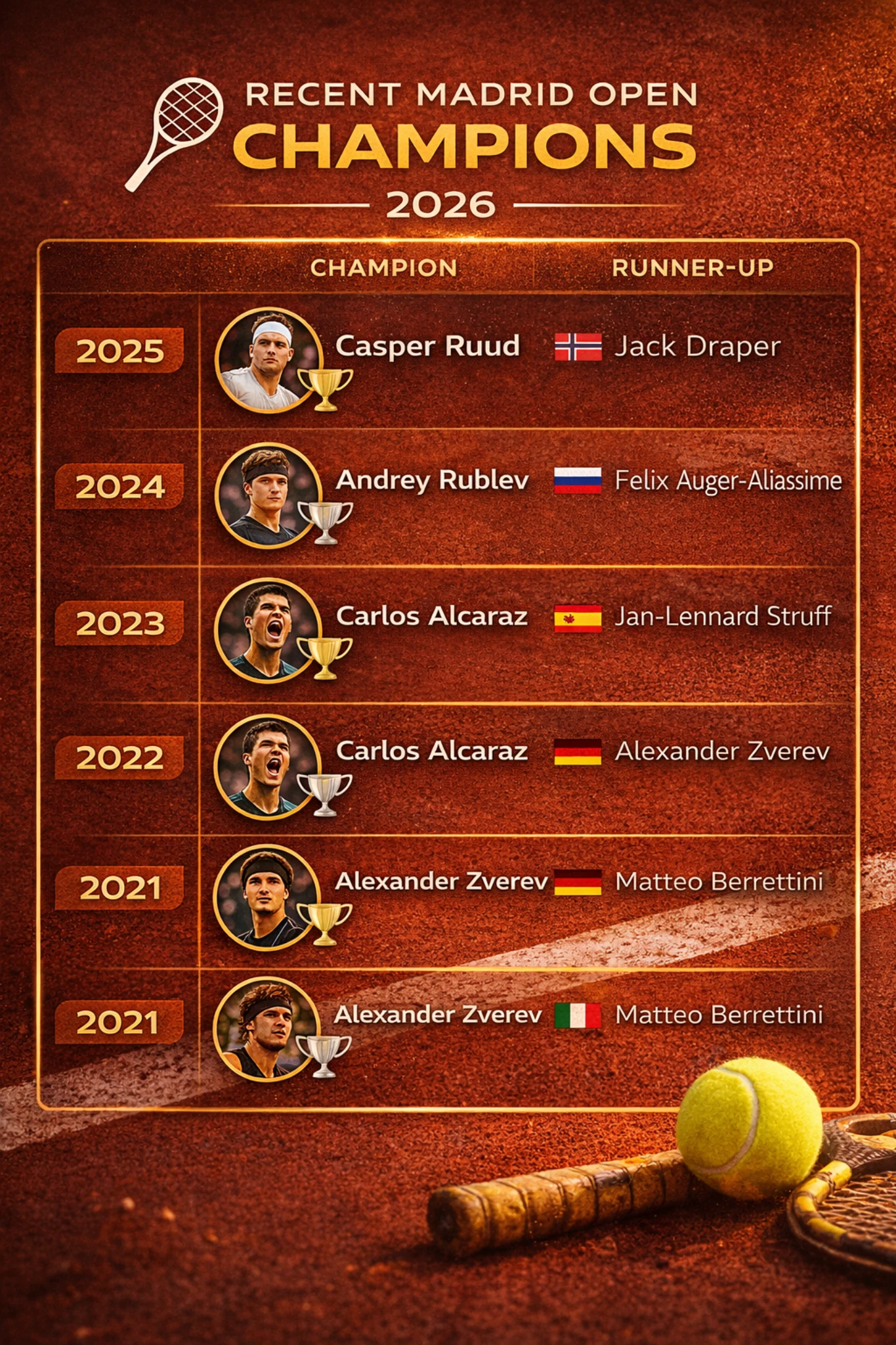 Recent Madrid Open champions infographic showing winners from 2021 to 2025 including Carlos Alcaraz and Casper Ruud