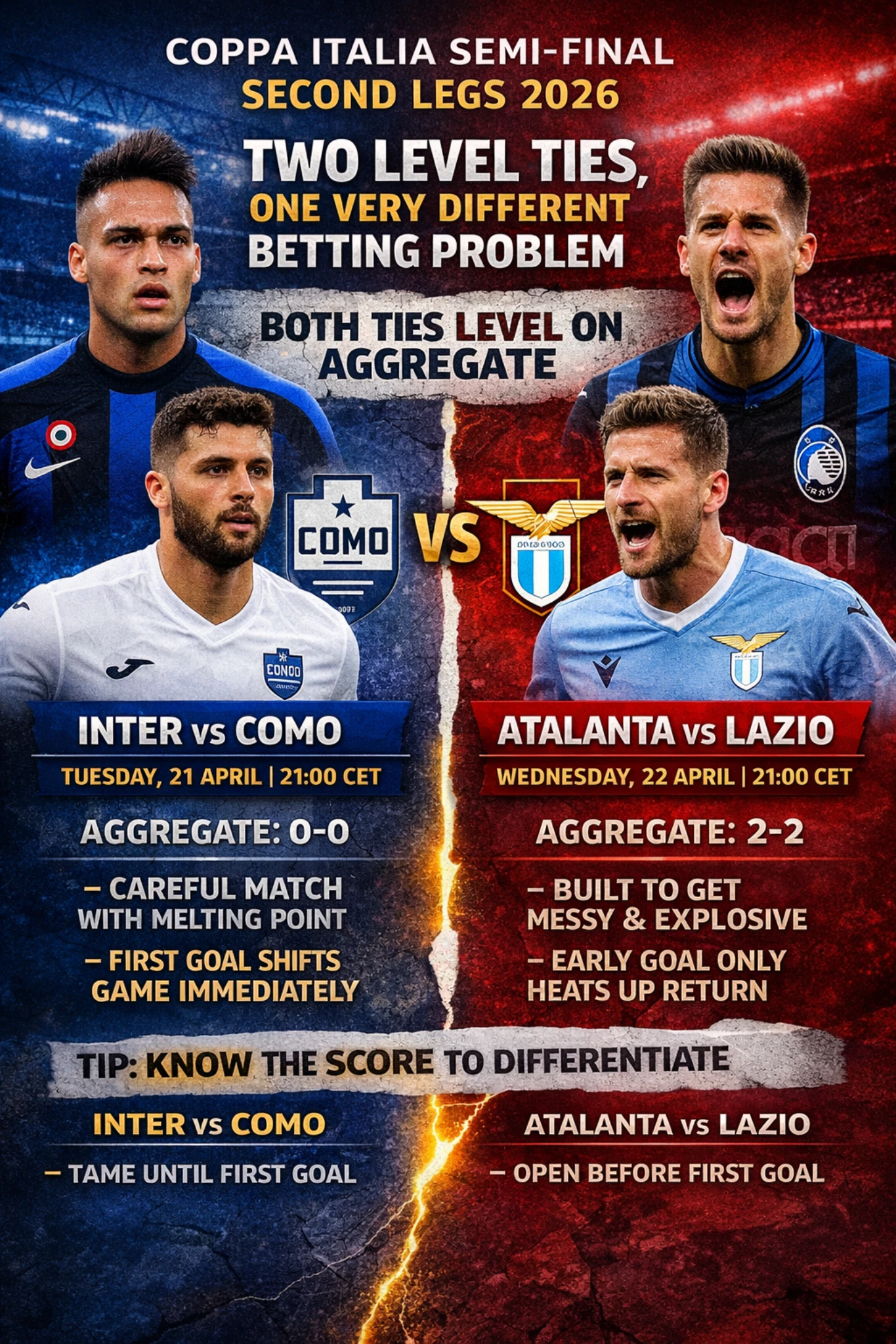 Coppa Italia semi final 2026 second leg infographic showing Inter vs Como and Atalanta vs Lazio with aggregate scores and betting insights