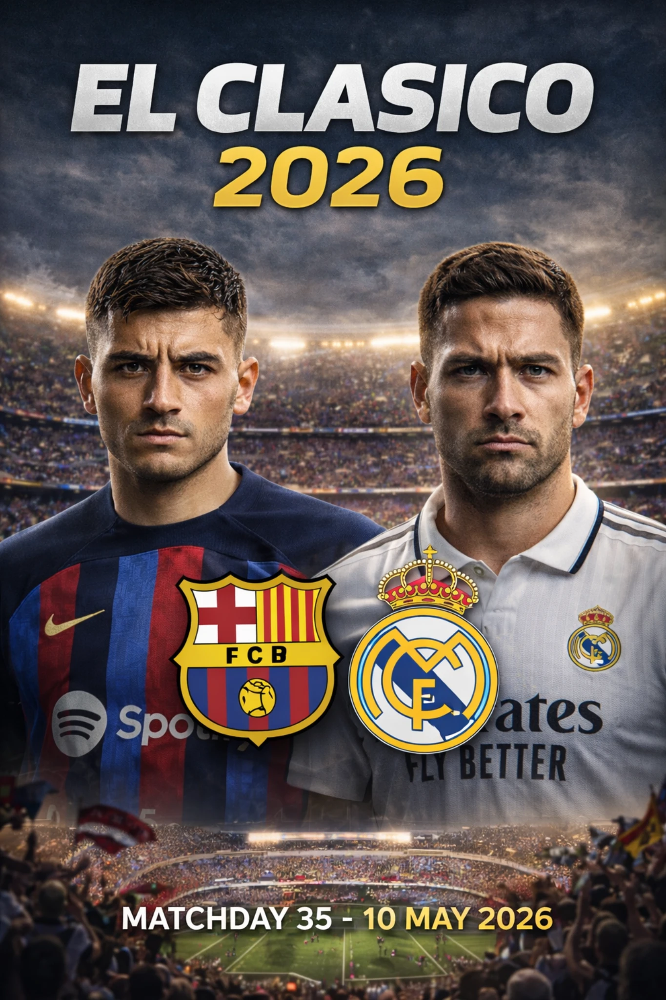 El Clasico 2026 match poster featuring Barcelona and Real Madrid players with stadium background