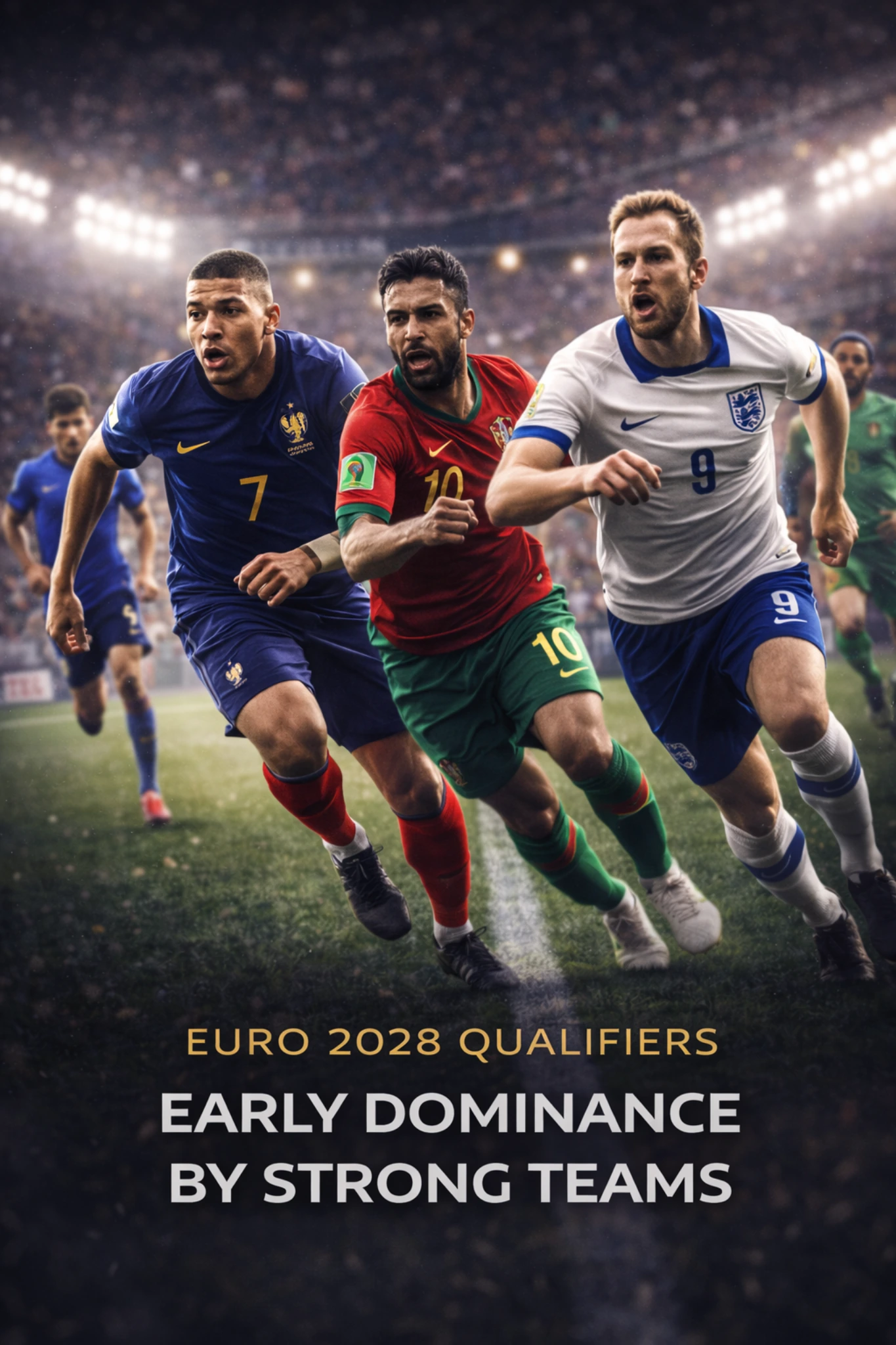 France, Portugal and England players sprinting during Euro 2028 qualifiers under stadium lights