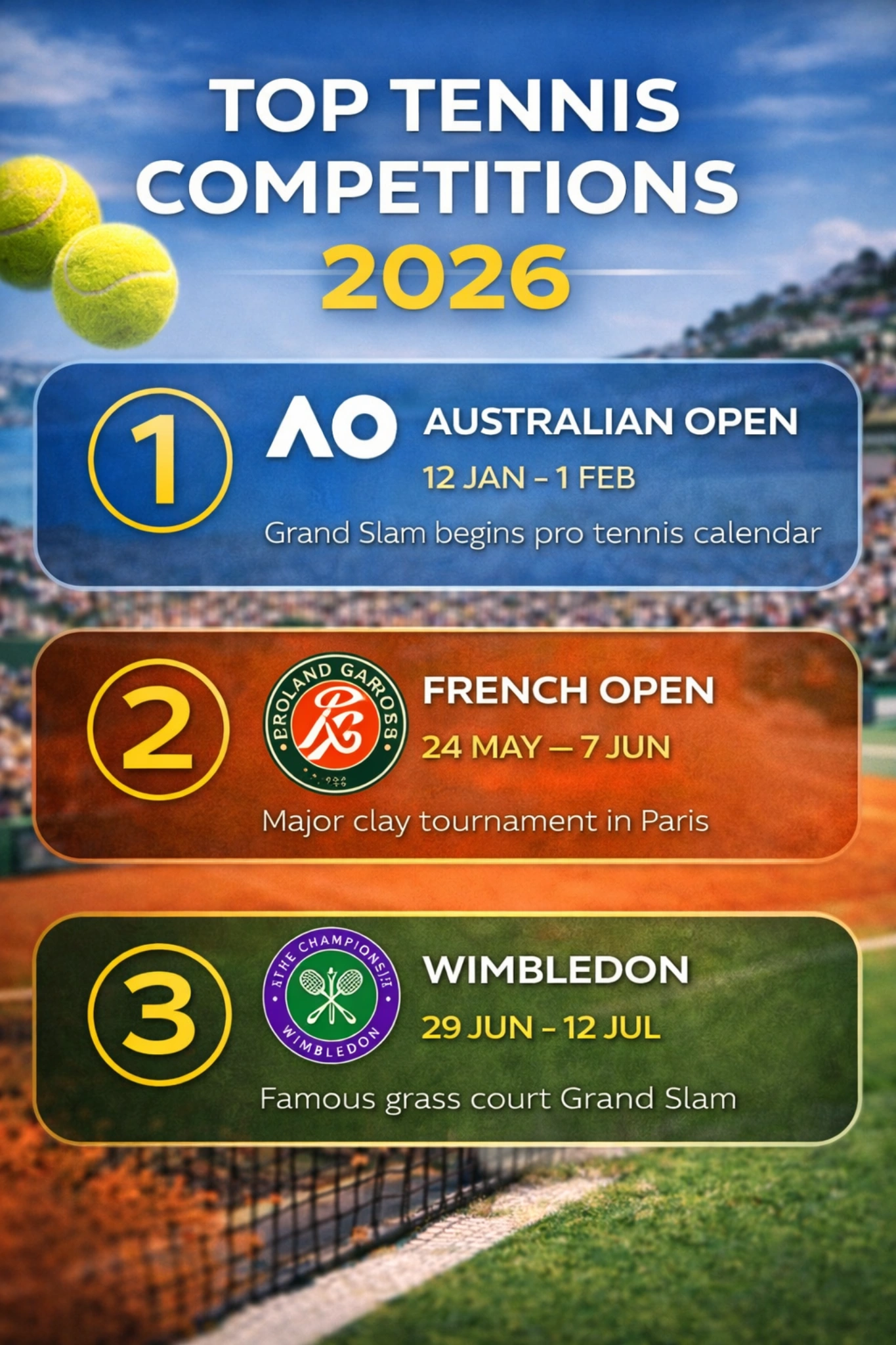 Top tennis competitions infographic showing Australian Open, French Open and Wimbledon dates