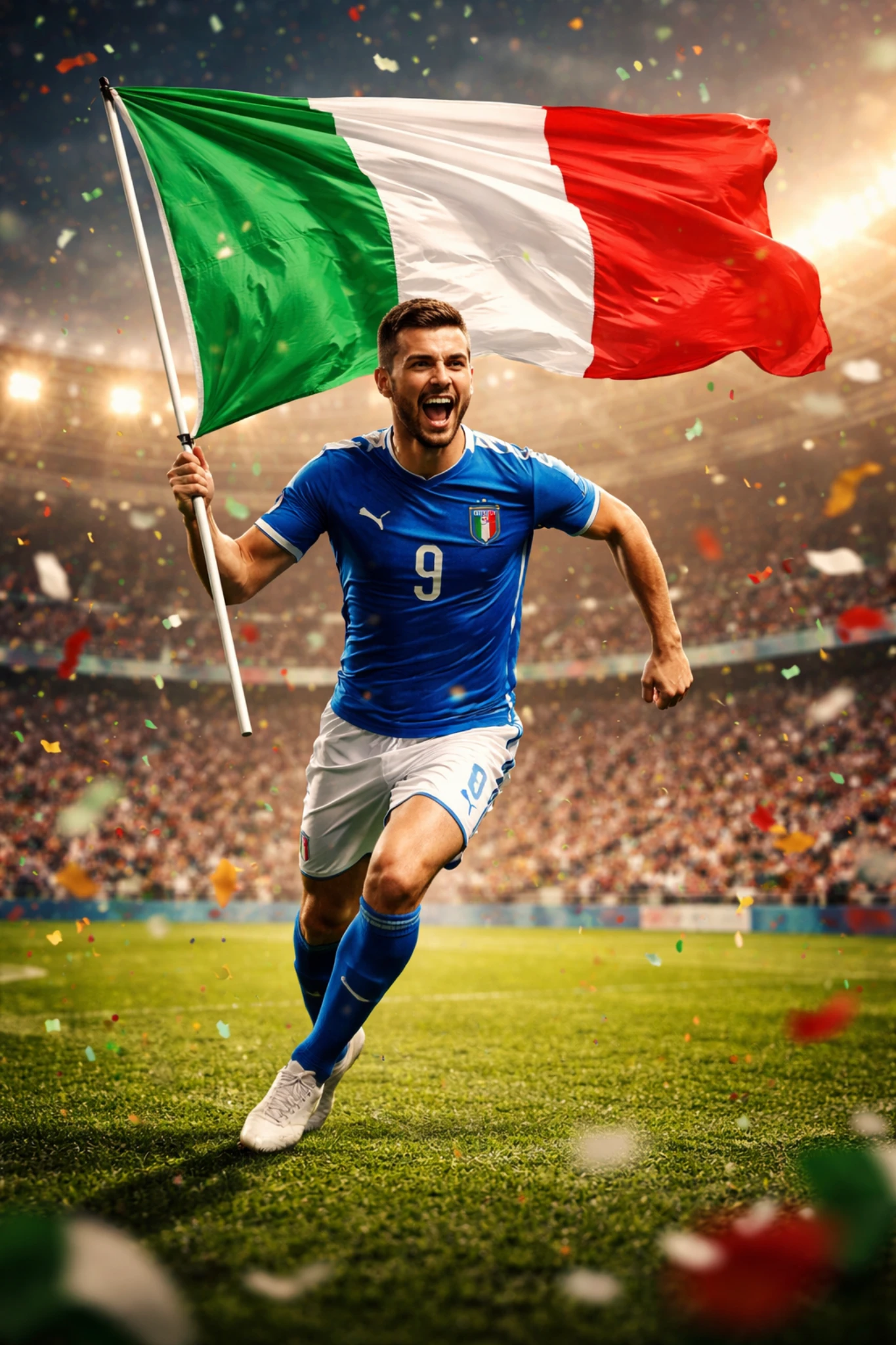 Italy national team player celebrating with Italian flag in stadium with confetti and crowd