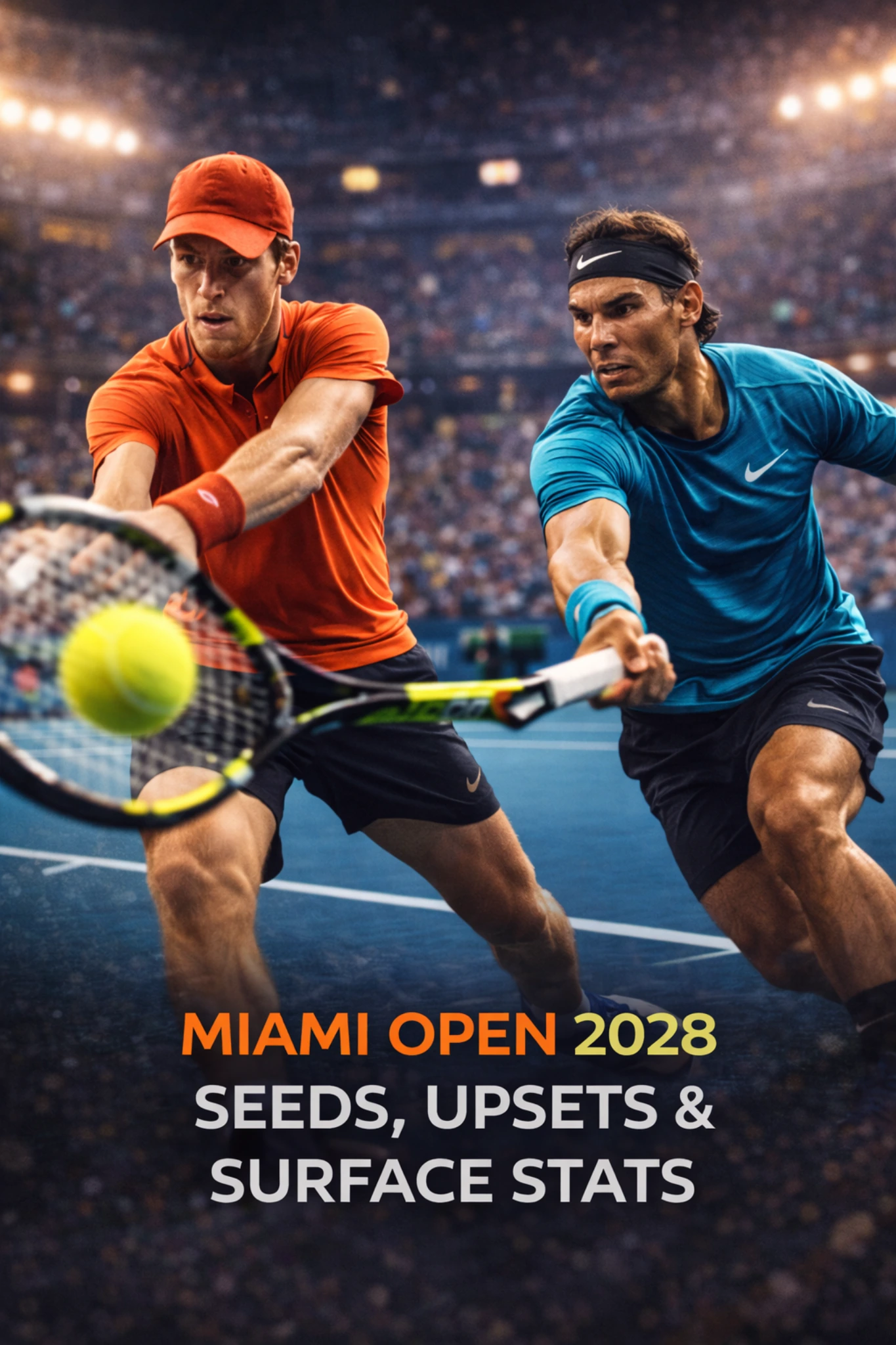 Two tennis players competing during the Miami Open with the headline Seeds Upsets and Surface Stats