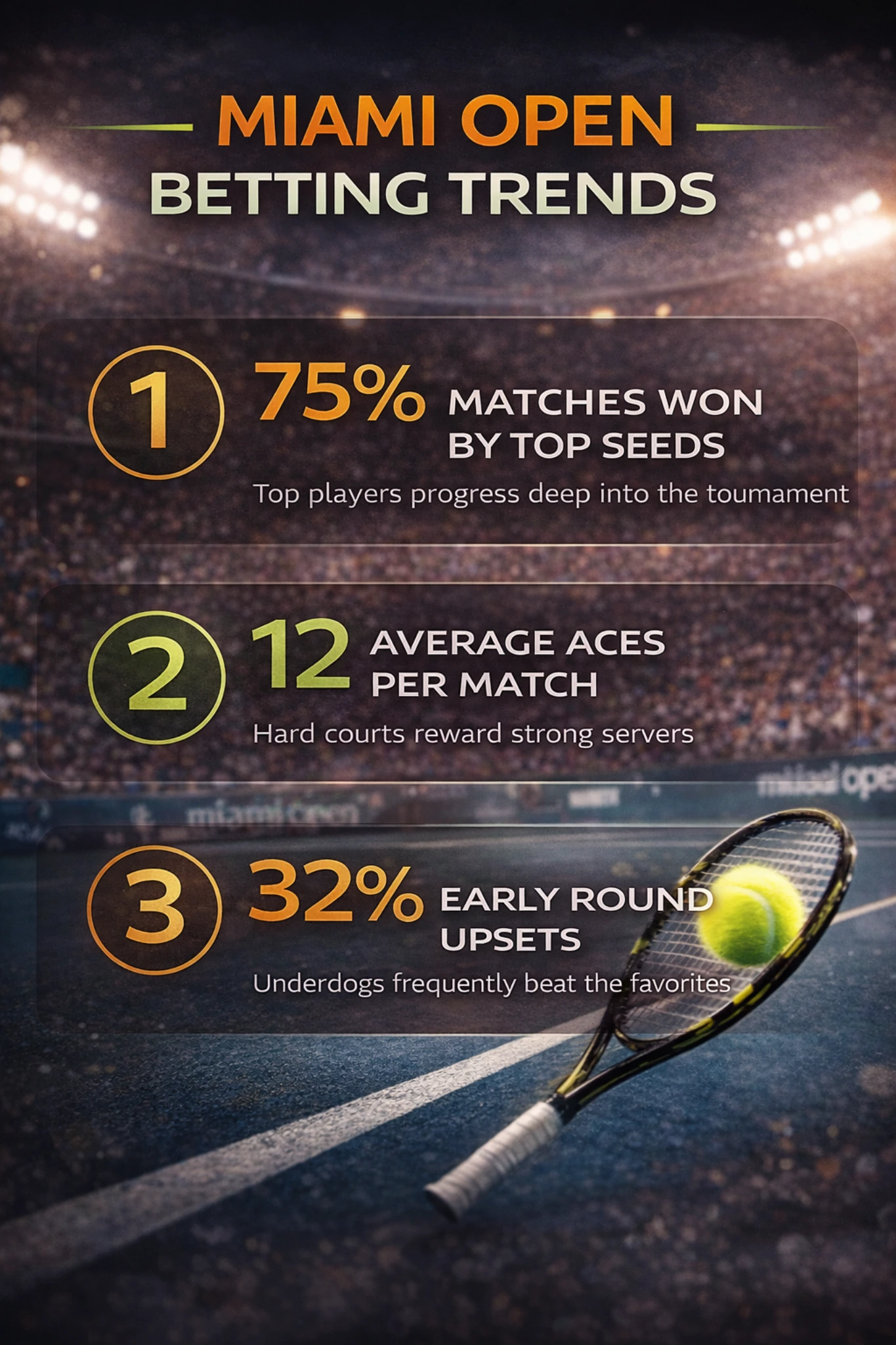 Miami Open betting trends infographic showing top seeds win rate, average aces per match and early round upset percentage