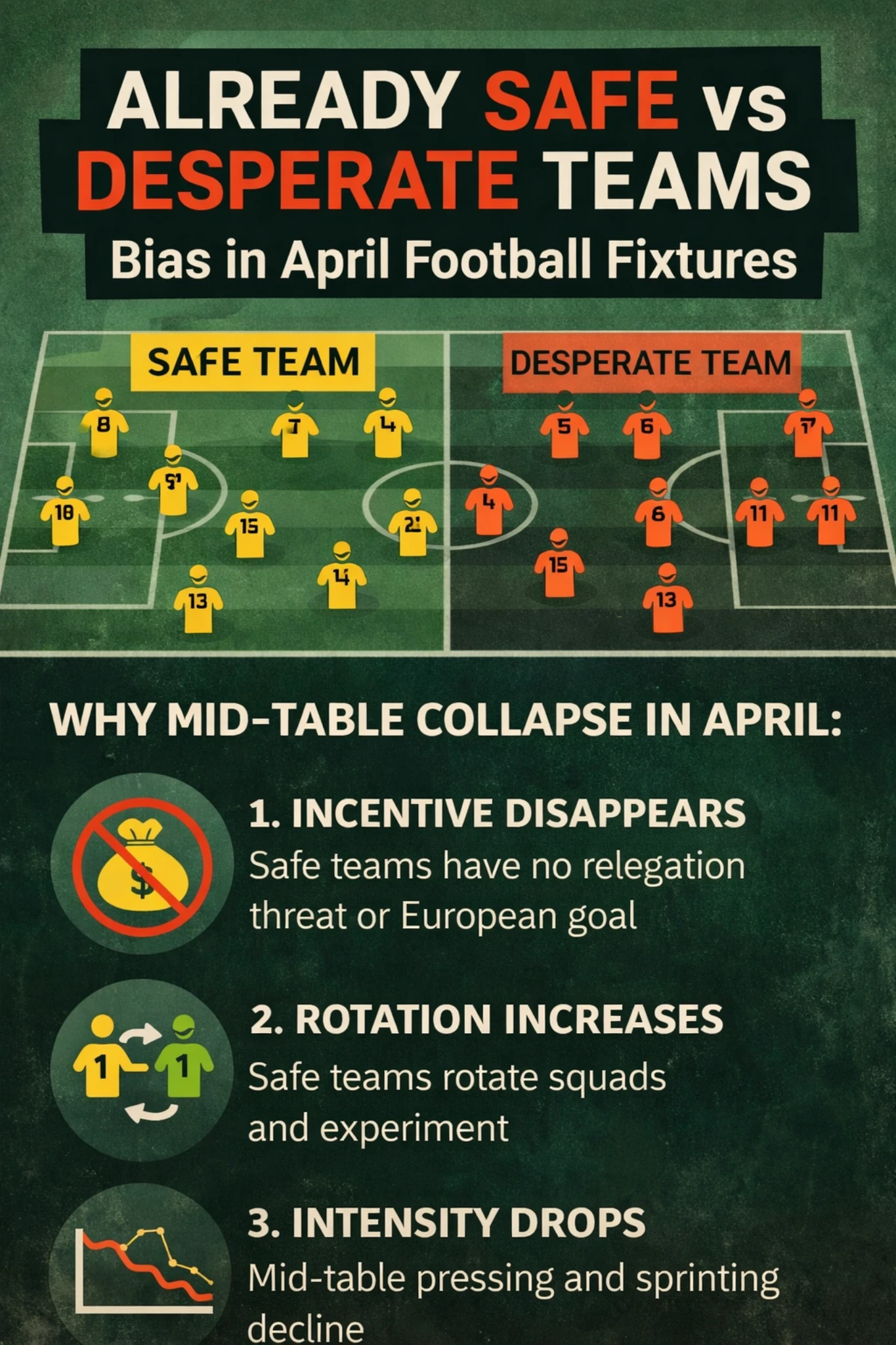 High contrast infographic explaining why mid-table football teams collapse in April with incentives, rotation, and intensity factors