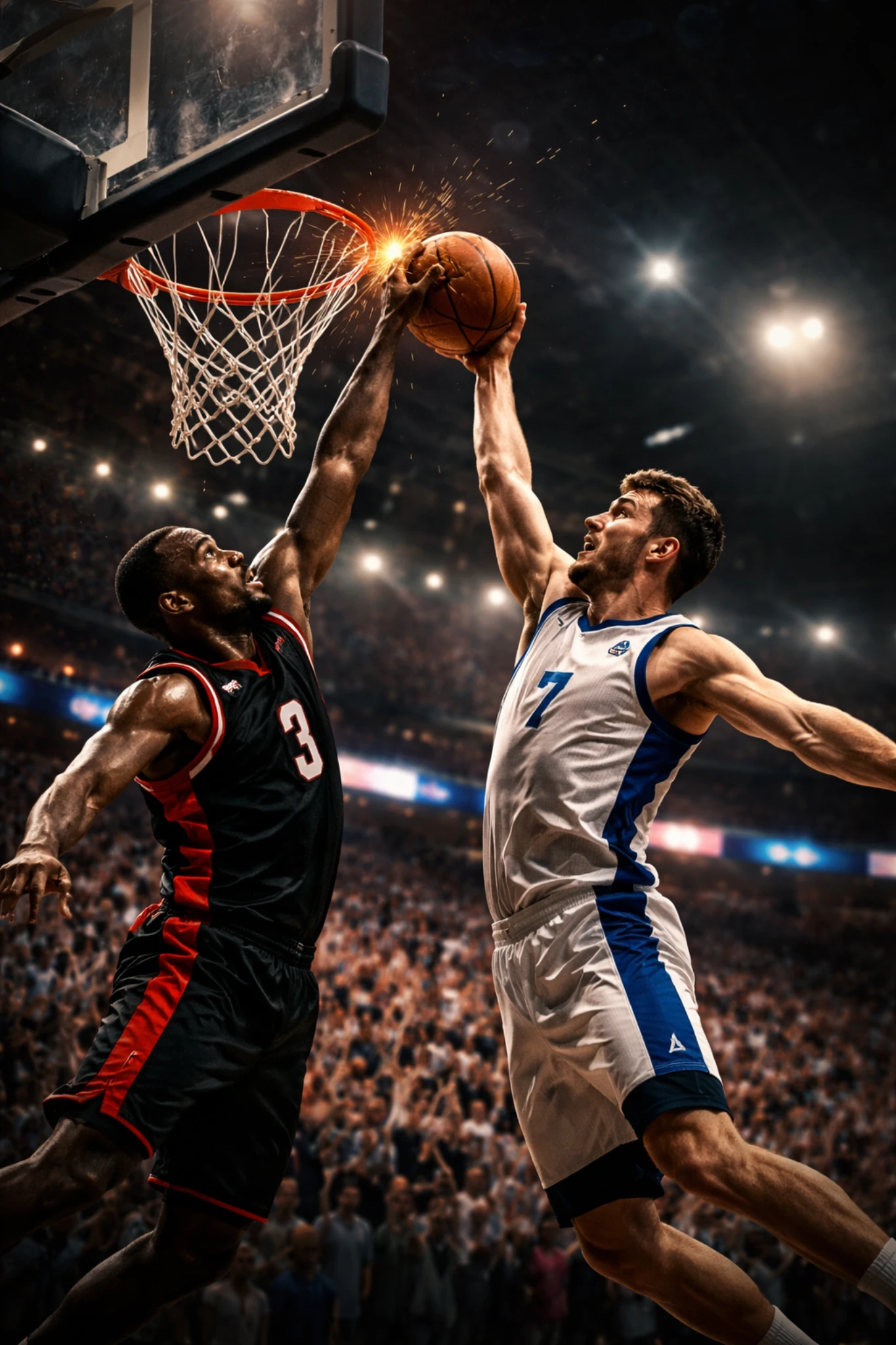 Basketball player attempting a powerful dunk while being blocked in a crowded arena under bright lights
