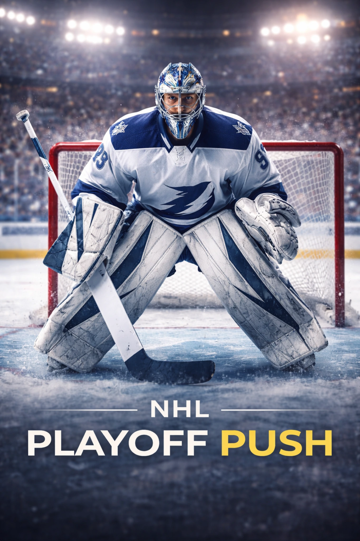 NHL goalie standing in front of the net during a playoff push with arena lights in the background