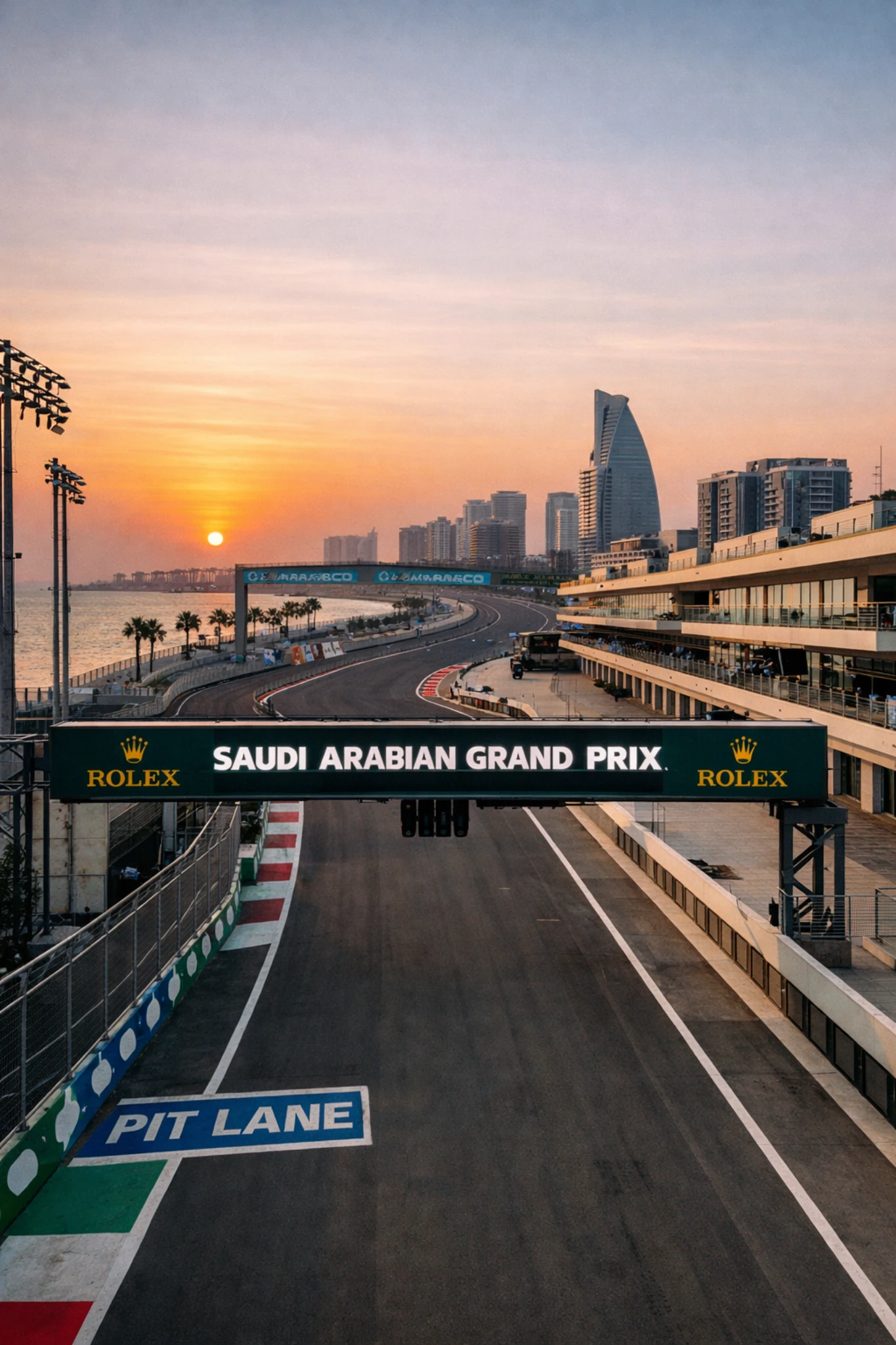 Saudi Arabian Grand Prix track at sunset with pit lane and Jeddah skyline in background