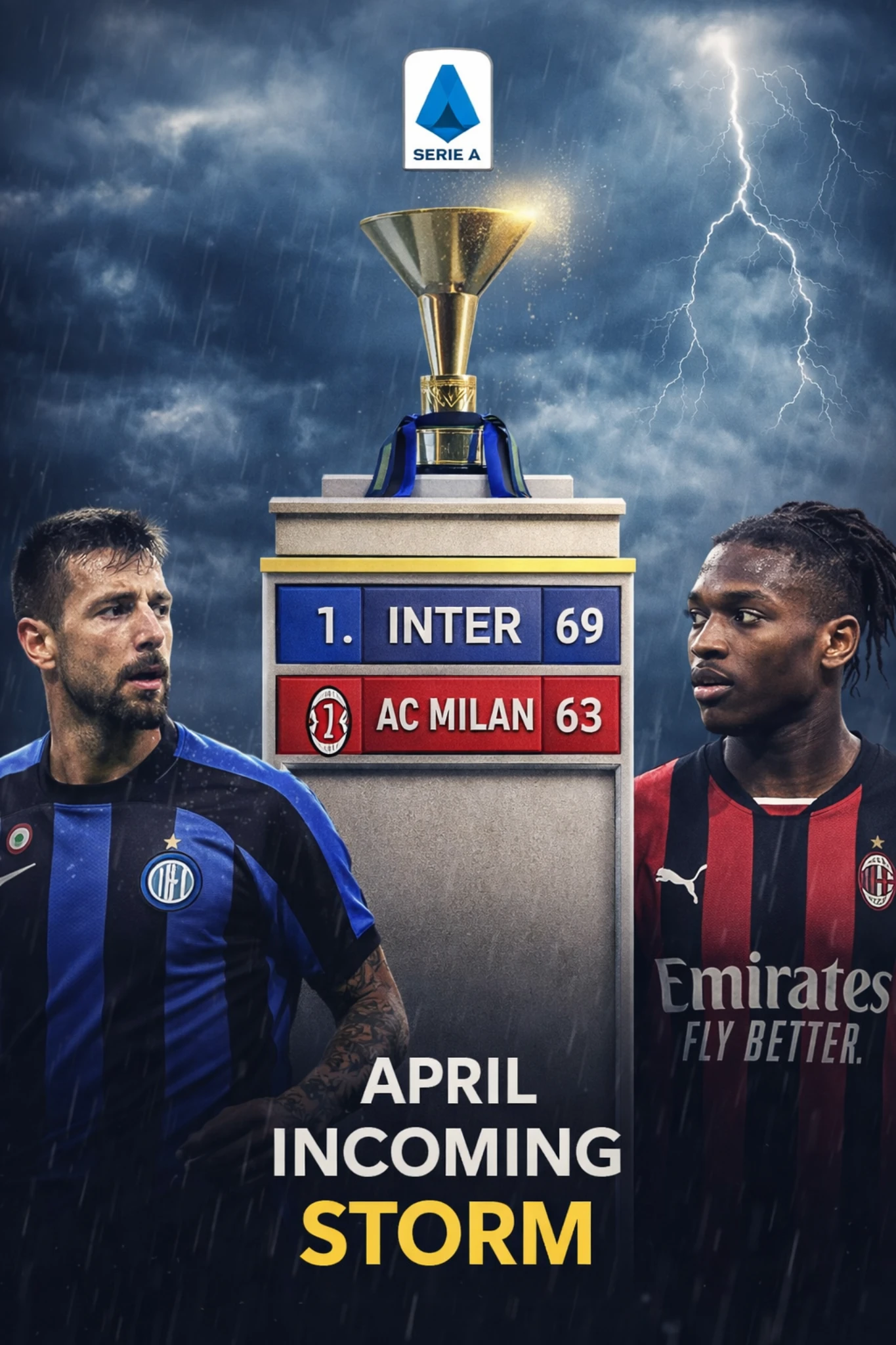 Serie A title race graphic showing Inter and AC Milan players with league table and storm background highlighting April pressure