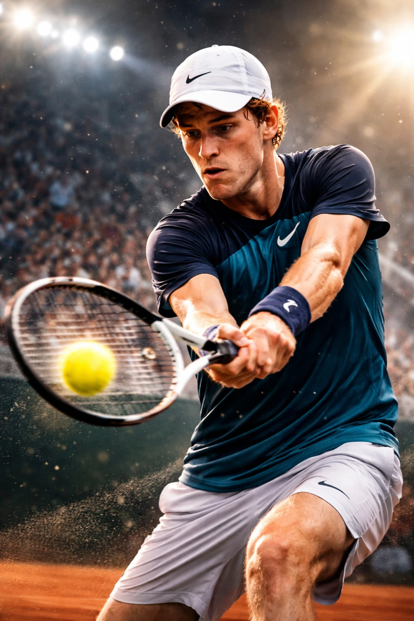 Tennis player hitting forehand on clay court with stadium crowd and dramatic lighting
