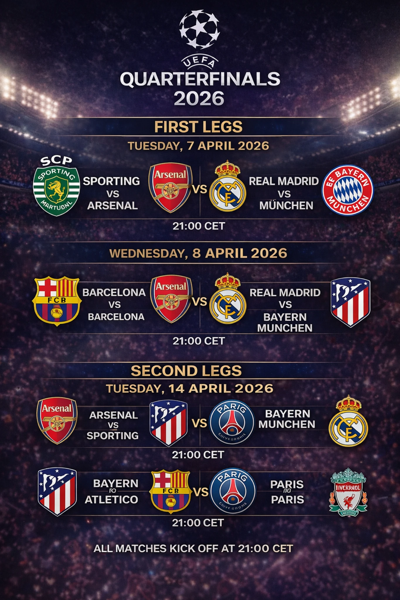 UEFA Champions League quarterfinals 2026 schedule showing first legs and second legs with matchups and dates