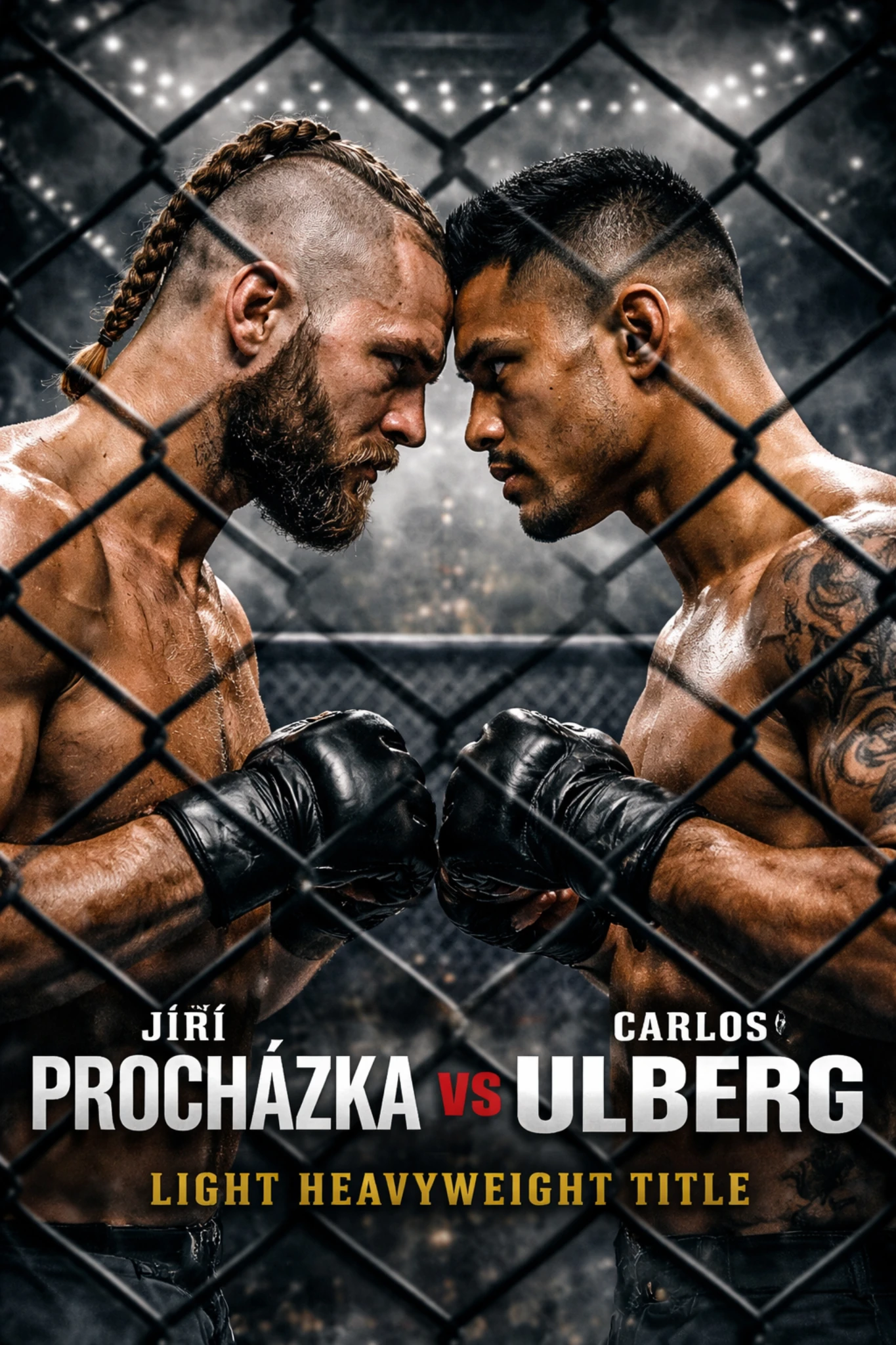 Jiri Prochazka and Carlos Ulberg facing off inside a cage with intense lighting highlighting a light heavyweight title fight