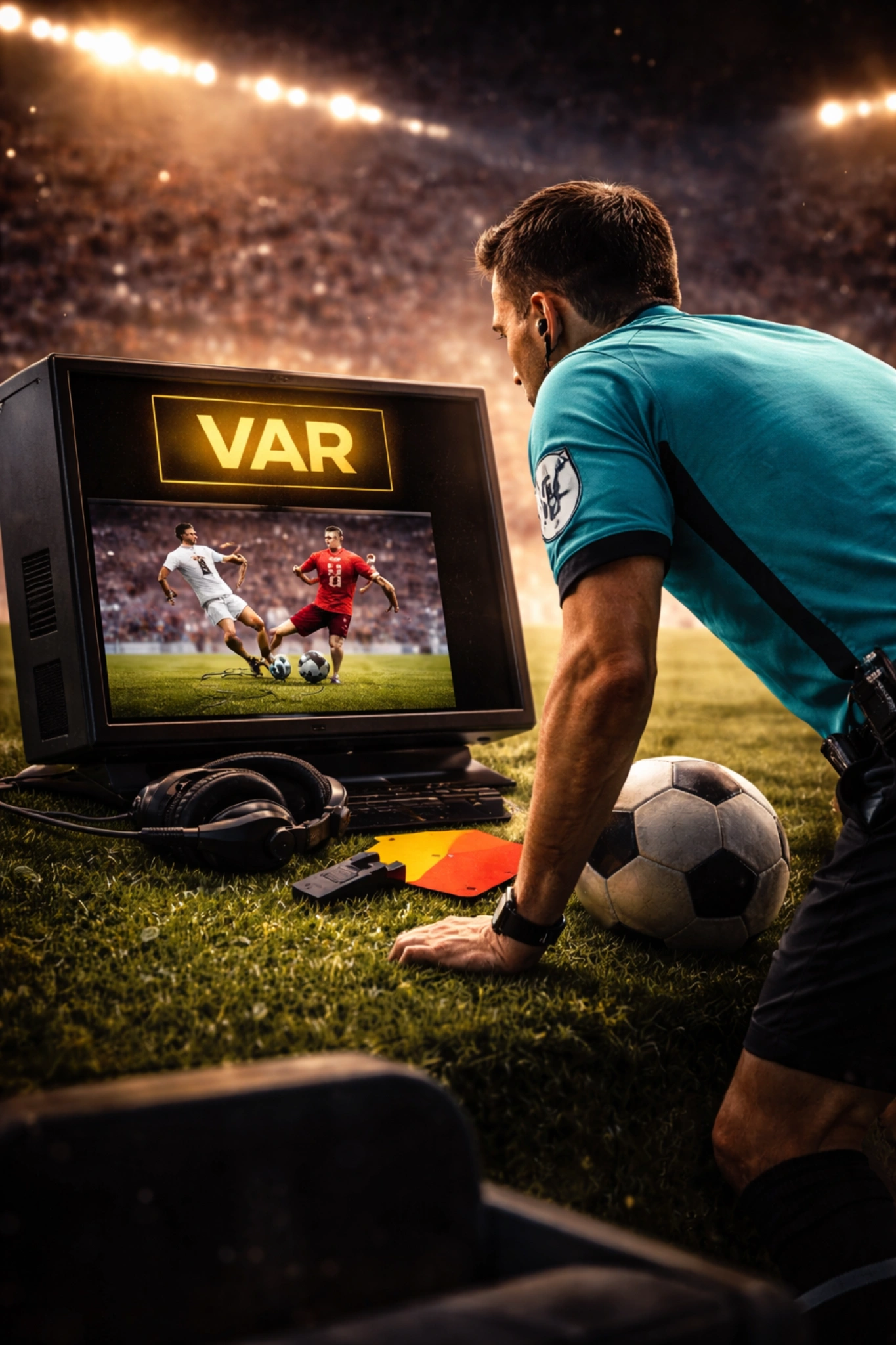 Referee reviewing football incident on VAR monitor during a stadium match