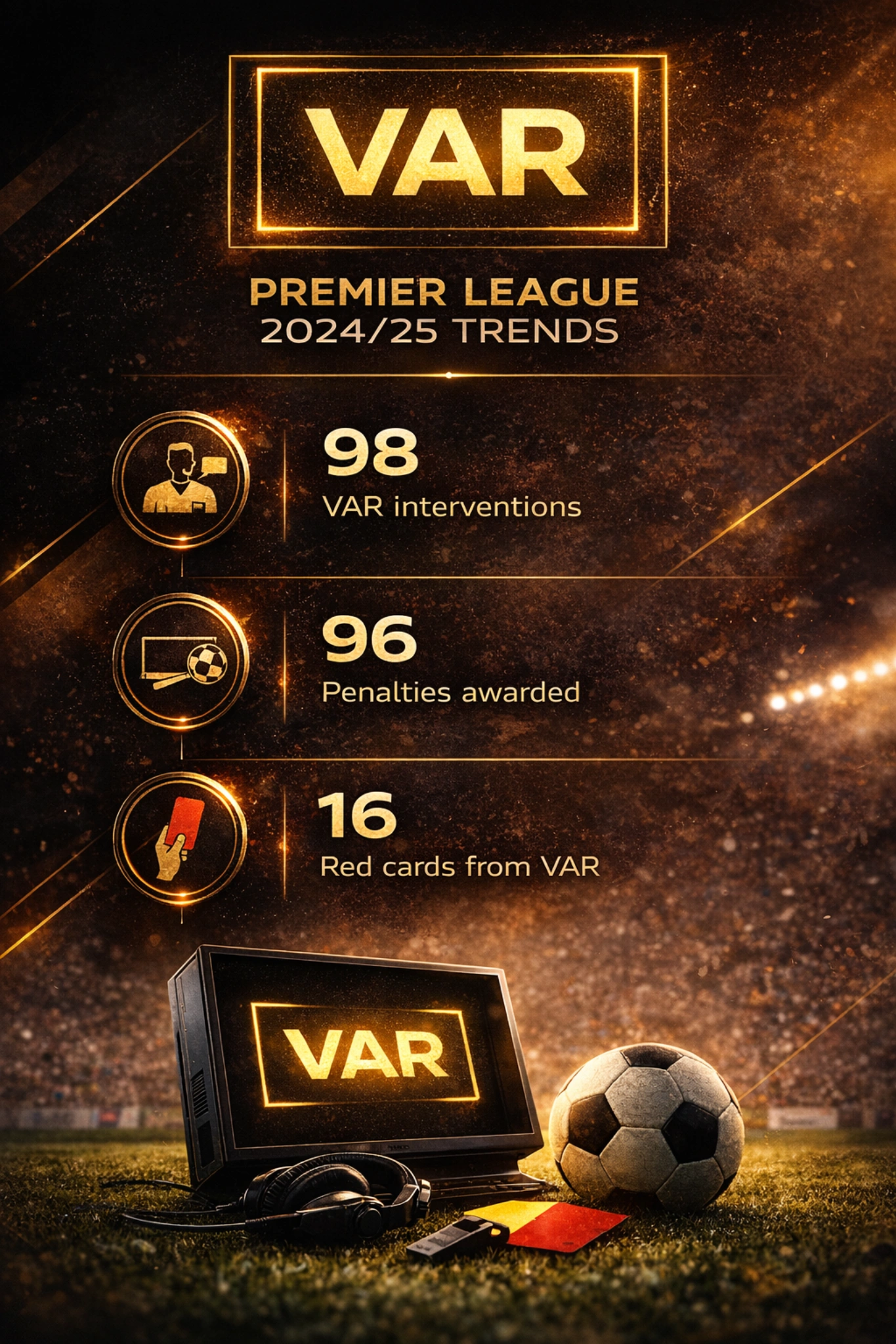 Premier League VAR statistics infographic showing interventions penalties and red cards