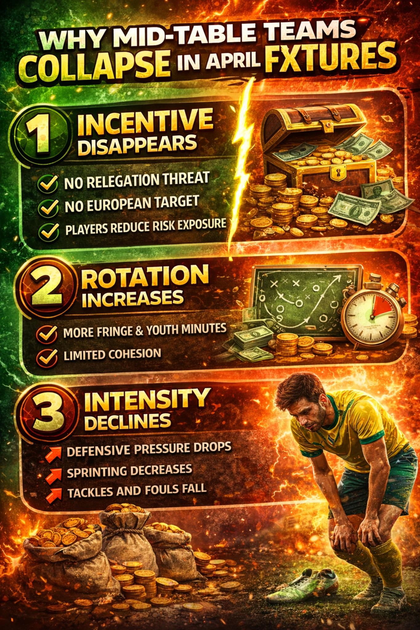 Football thumbnail showing safe teams versus desperate teams with split green and red background and betting theme
