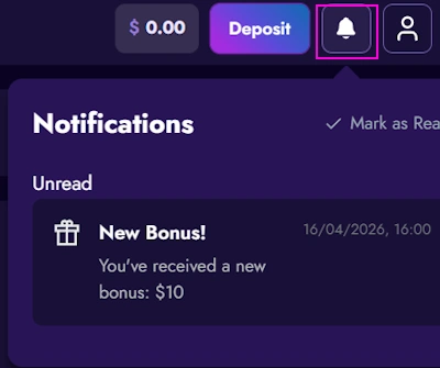 bell icon informs about no deposit offer