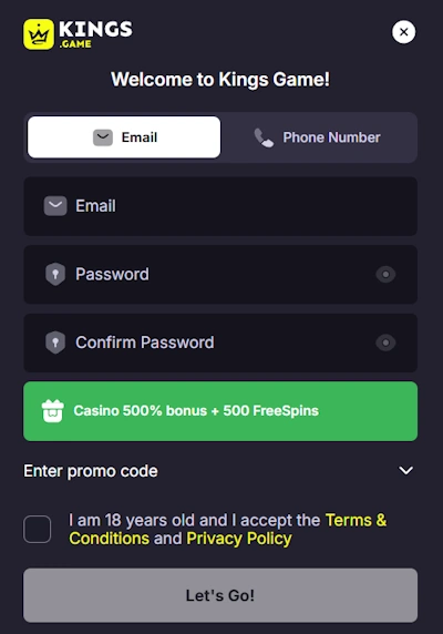 KingsGame Casino sign up form