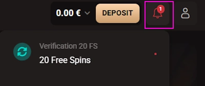 LegionBet Casino bell icon informs about no deposit free spins offer