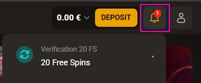 bell icon informs about no deposit free spins offer
