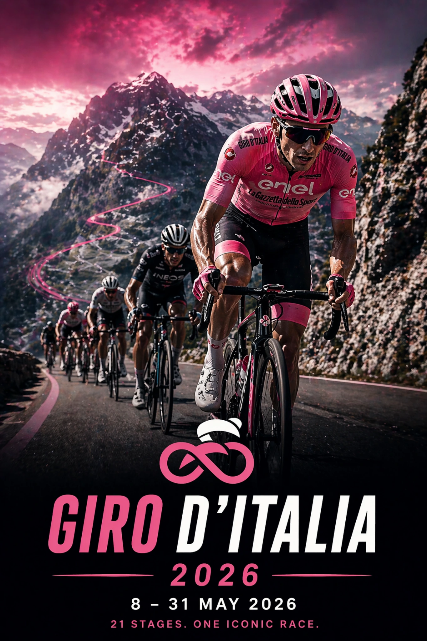 Cyclists climbing a steep mountain stage in Giro d’Italia 2026 with pink jersey leader and dramatic alpine backdrop