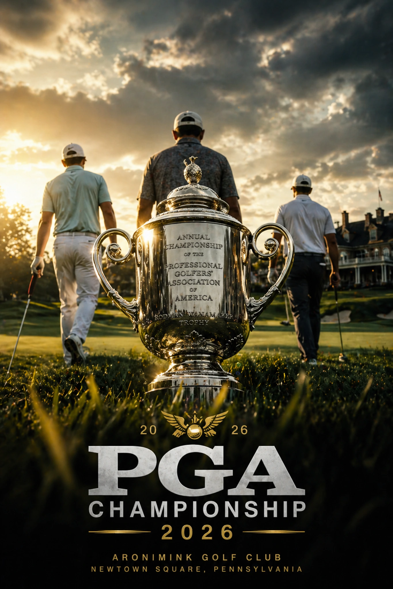 Wanamaker Trophy in foreground with three golfers walking on a sunlit course at Aronimink Golf Club during sunset
