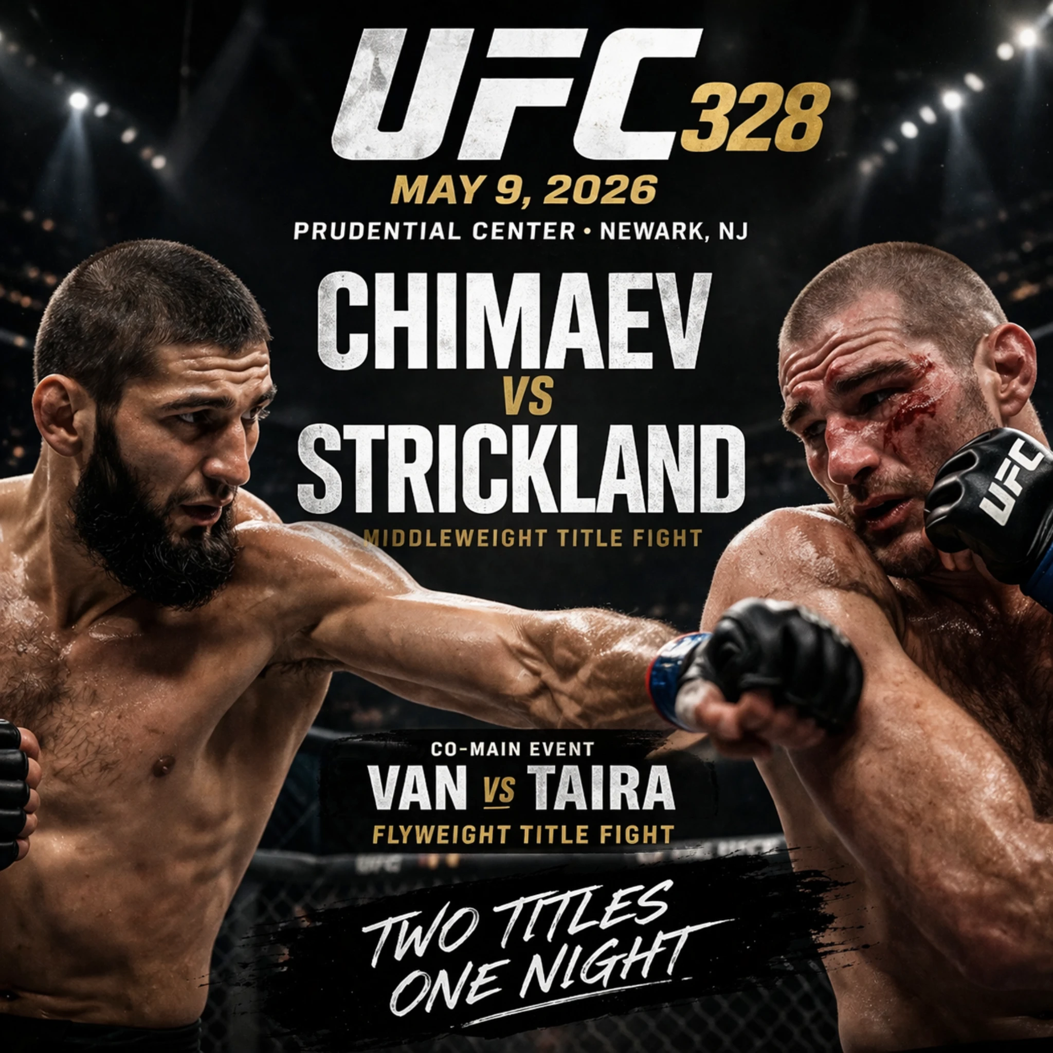 UFC 328 poster showing Khamzat Chimaev punching Sean Strickland with fight date May 9 2026 at Prudential Center