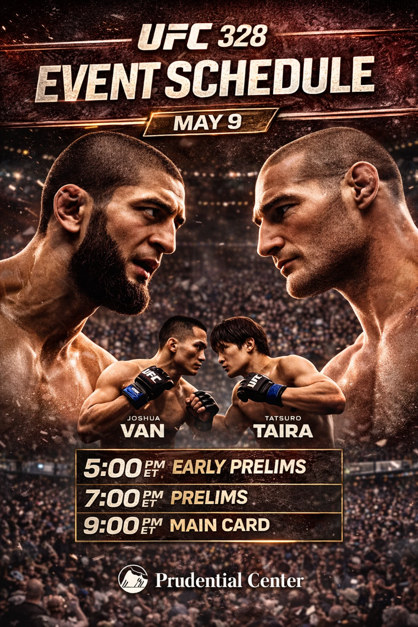 UFC 328 schedule infographic with early prelims prelims and main card times plus Van vs Taira matchup
