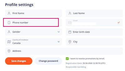 V.Vegas Casino profile section and phone verification there