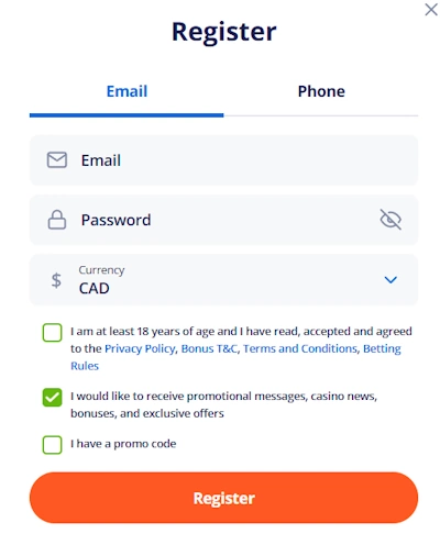 V.Vegas Casino sign up form