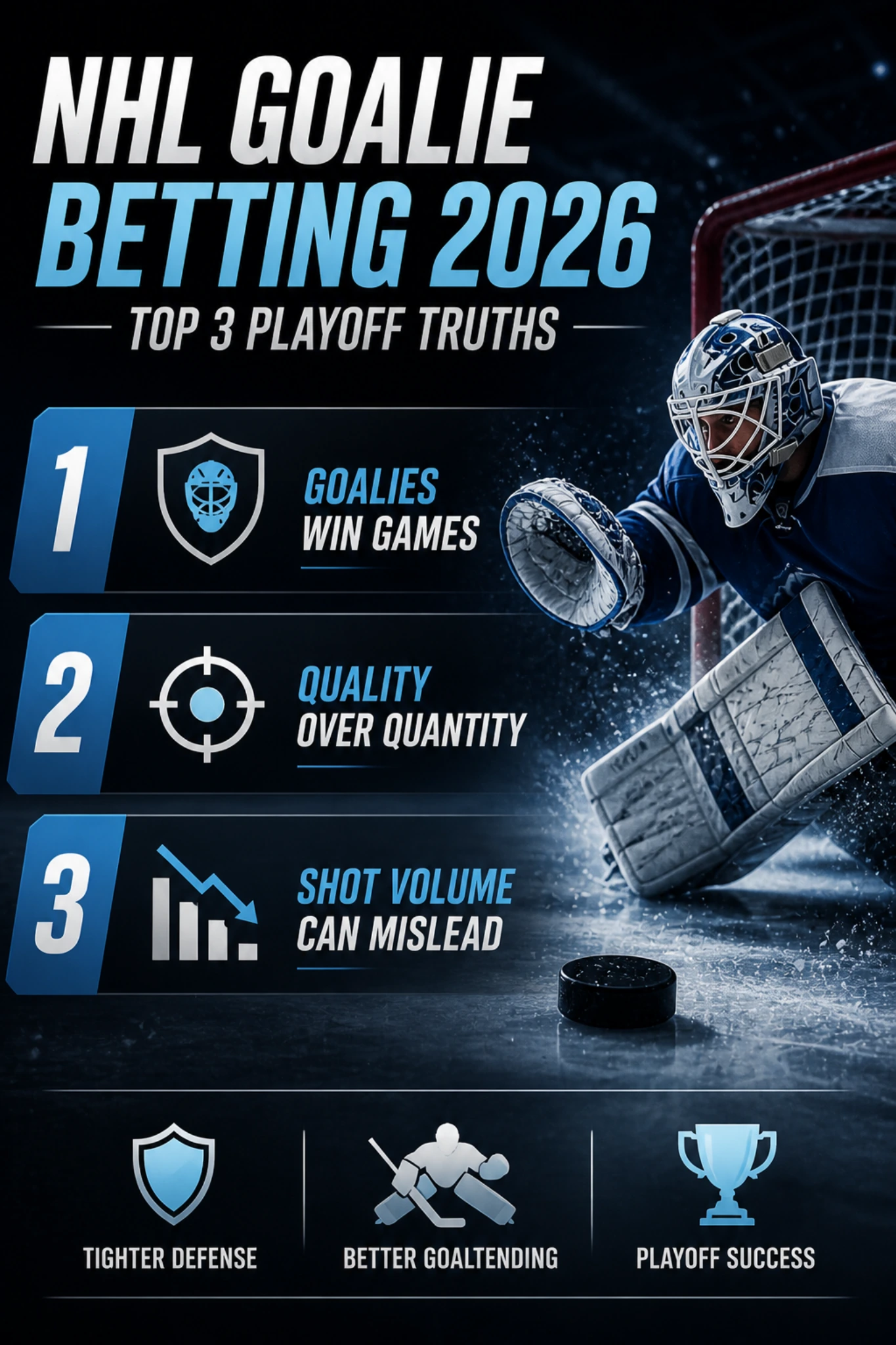 Infographic showing NHL goalie betting insights including goalies win games quality over quantity and shot volume can mislead