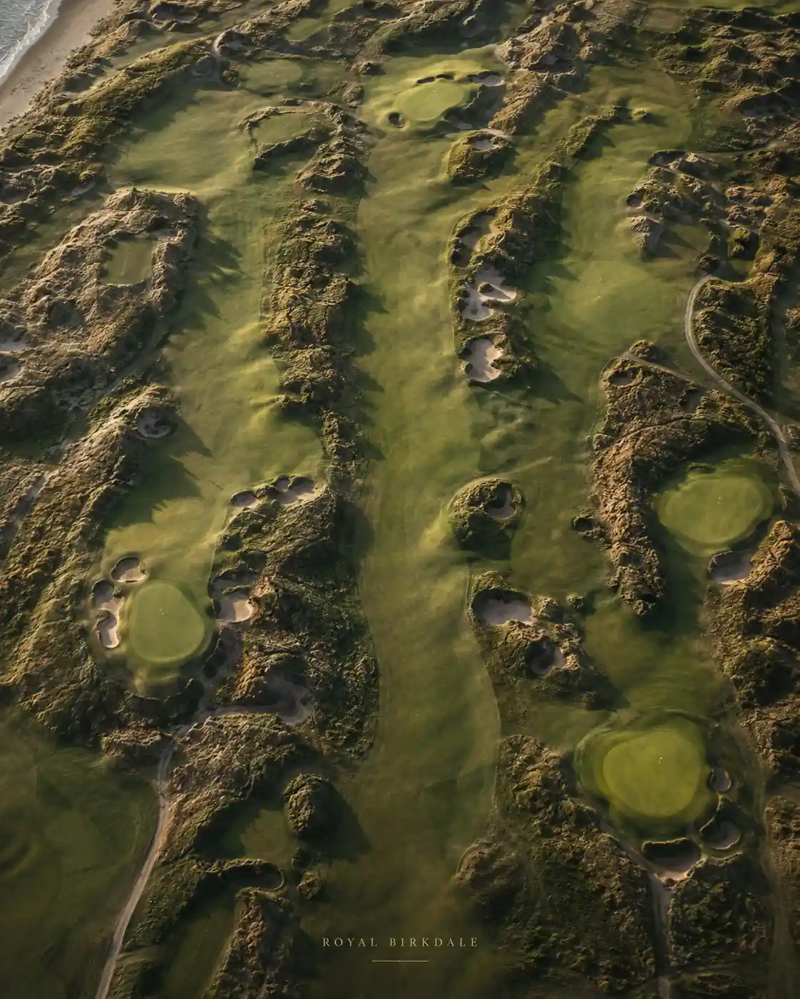 Aerial poster-style view of Royal Birkdale golf course showing fairways, bunkers, greens, dunes, and coastal terrain.