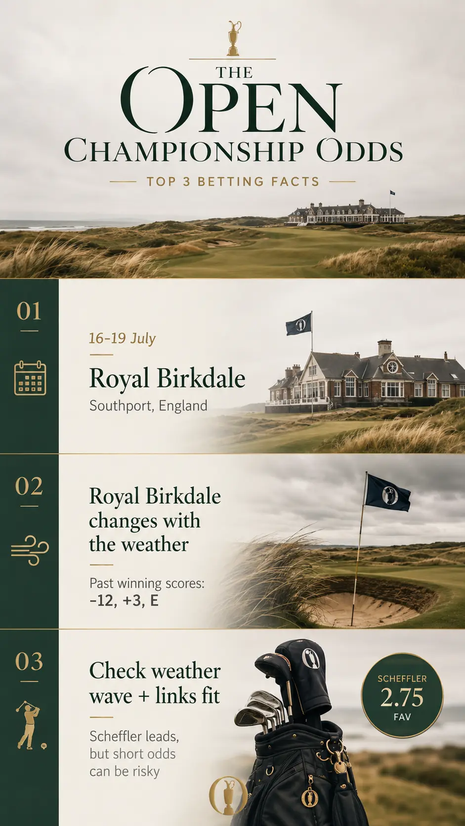 The Open Championship odds infographic showing Royal Birkdale dates, weather impact, past winning scores, and Scheffler short odds.