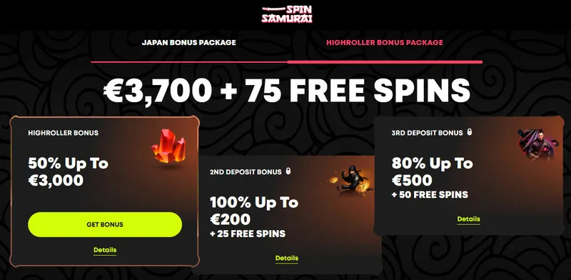 Spin Samurai Casino 50% up to €/$3000 High Roller Welcome Bonus