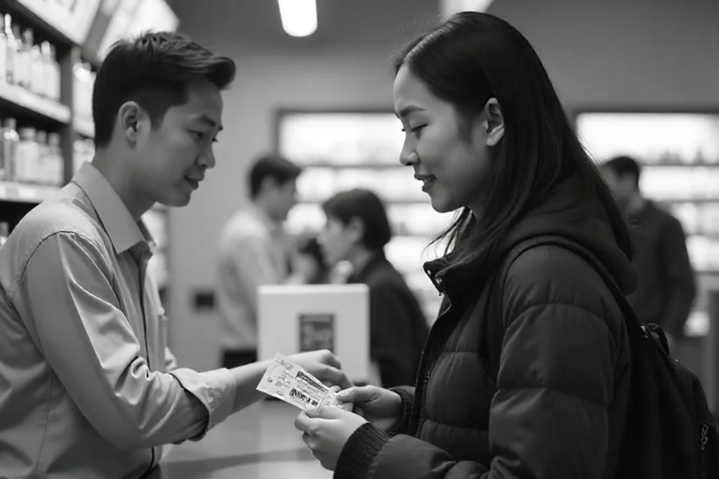 Shopkeeper selling a lottery ticket to a customer.