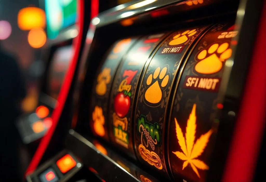 A Snoop Dogg-themed slot machine decorated with marijuana symbols and hip-hop elements.