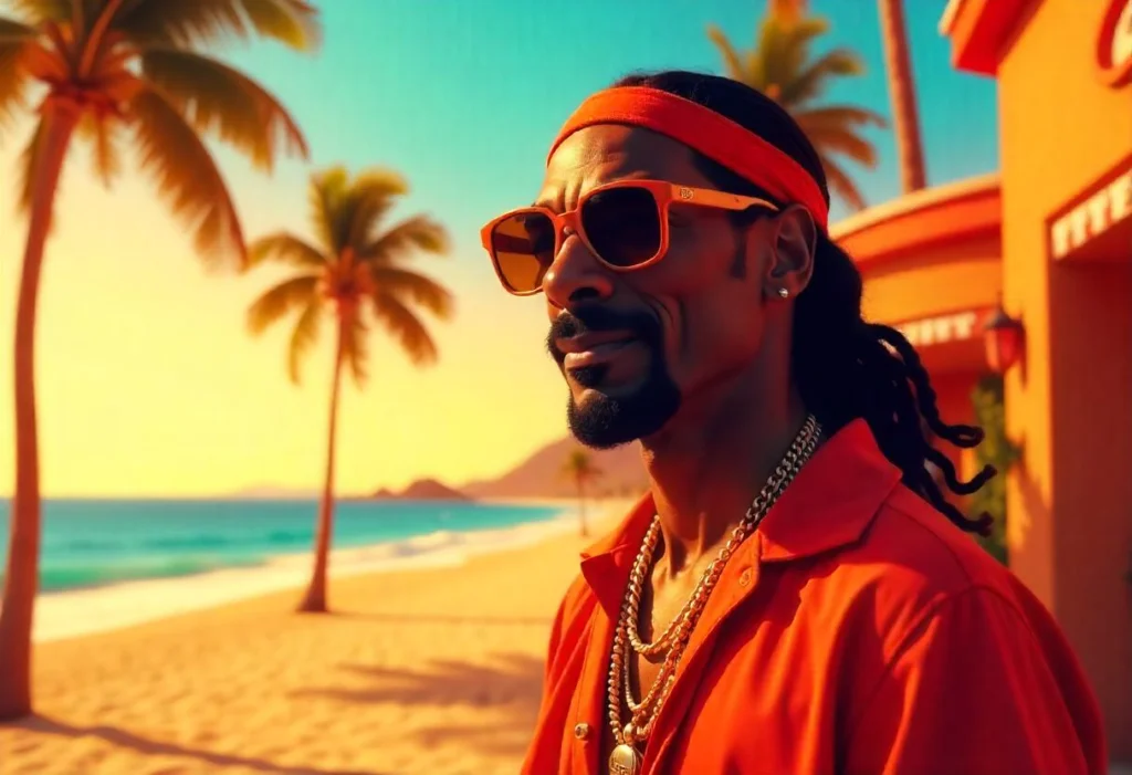 Snoop Dogg relaxing on a sunny beach.