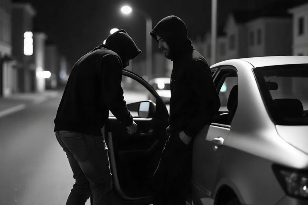 Two thieves breaking into a car.