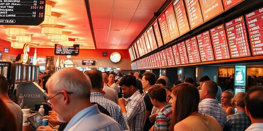 A crowded sportsbook with people placing bets and large digital odds screens overhead.