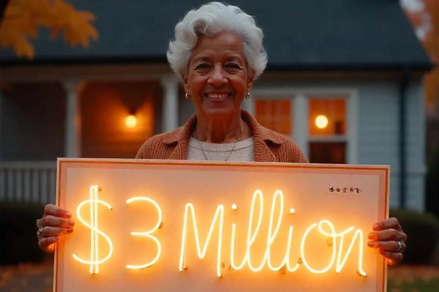 An elderly woman holds up a sign displaying a $3 million lottery win.