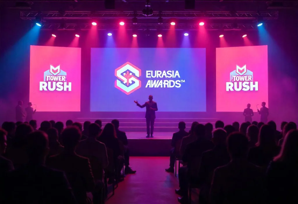 AIBC Eurasia Awards stage with Tower Rush showcased as Best New Game 2025.