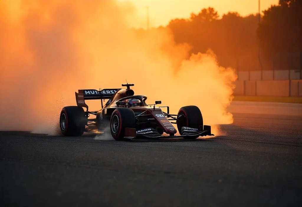 Formula 1 car performing a burnout during F1 2025 Pre-Season Testing.