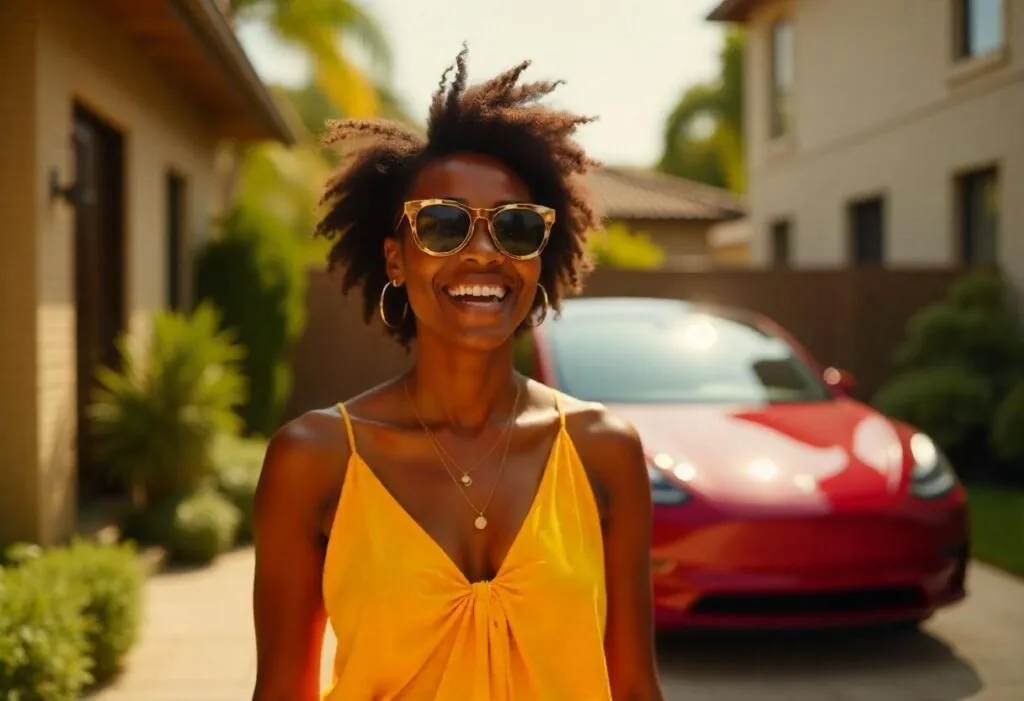 A happy woman in sunglasses and a yellow dress standing in front of a red luxury car and a modern home.