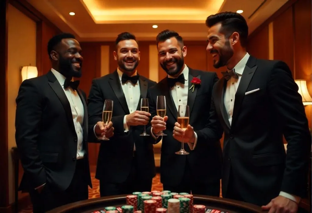 Group of men celebrating in tuxedos at a casino table