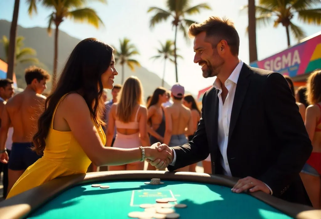 A handshake at the SiGMA Poker Tour in Brazil, set against a vibrant tropical backdrop.